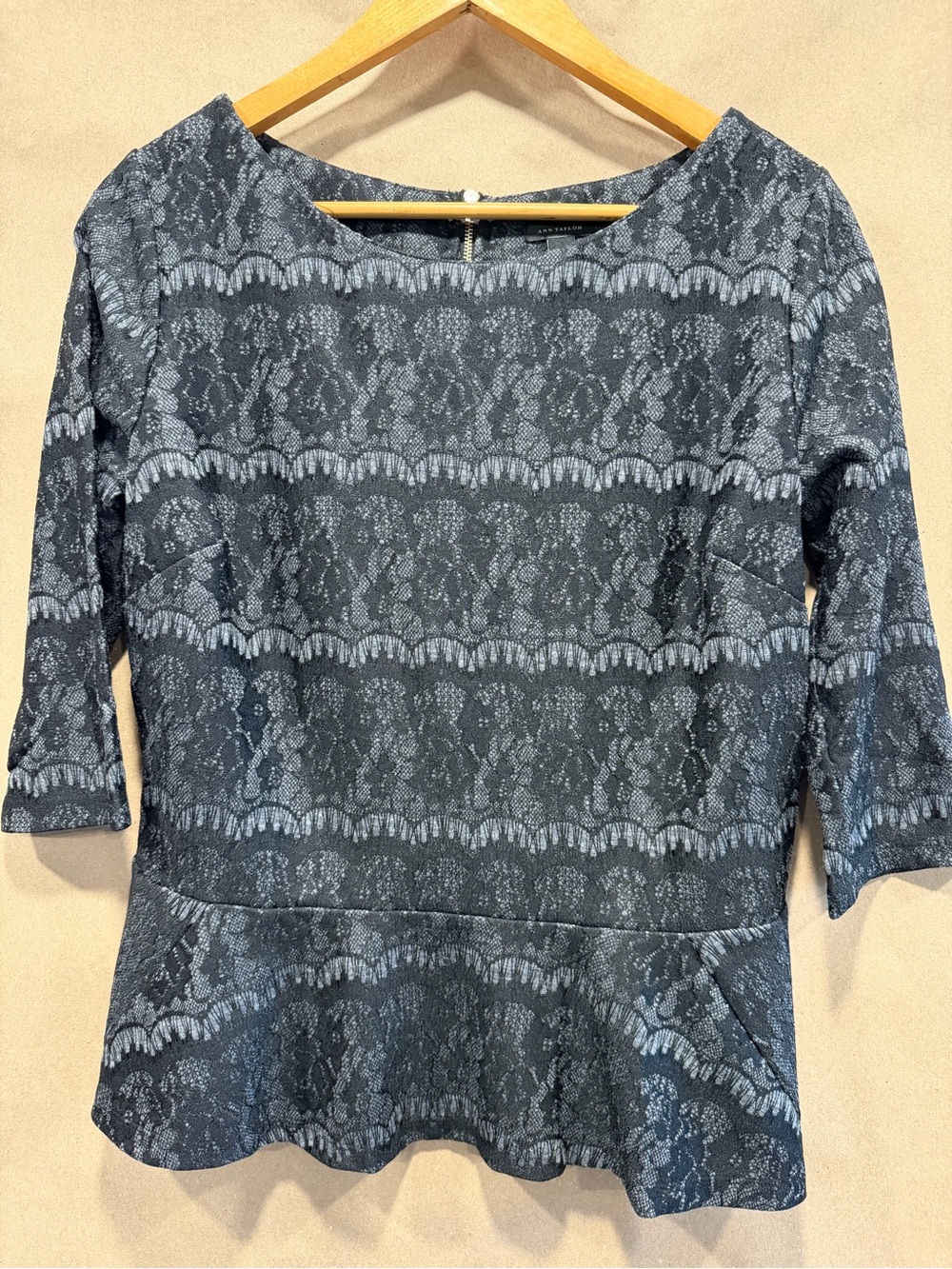 Ann Taylor Blue Lace-Pattern Peplum Long Sleeve Dress
